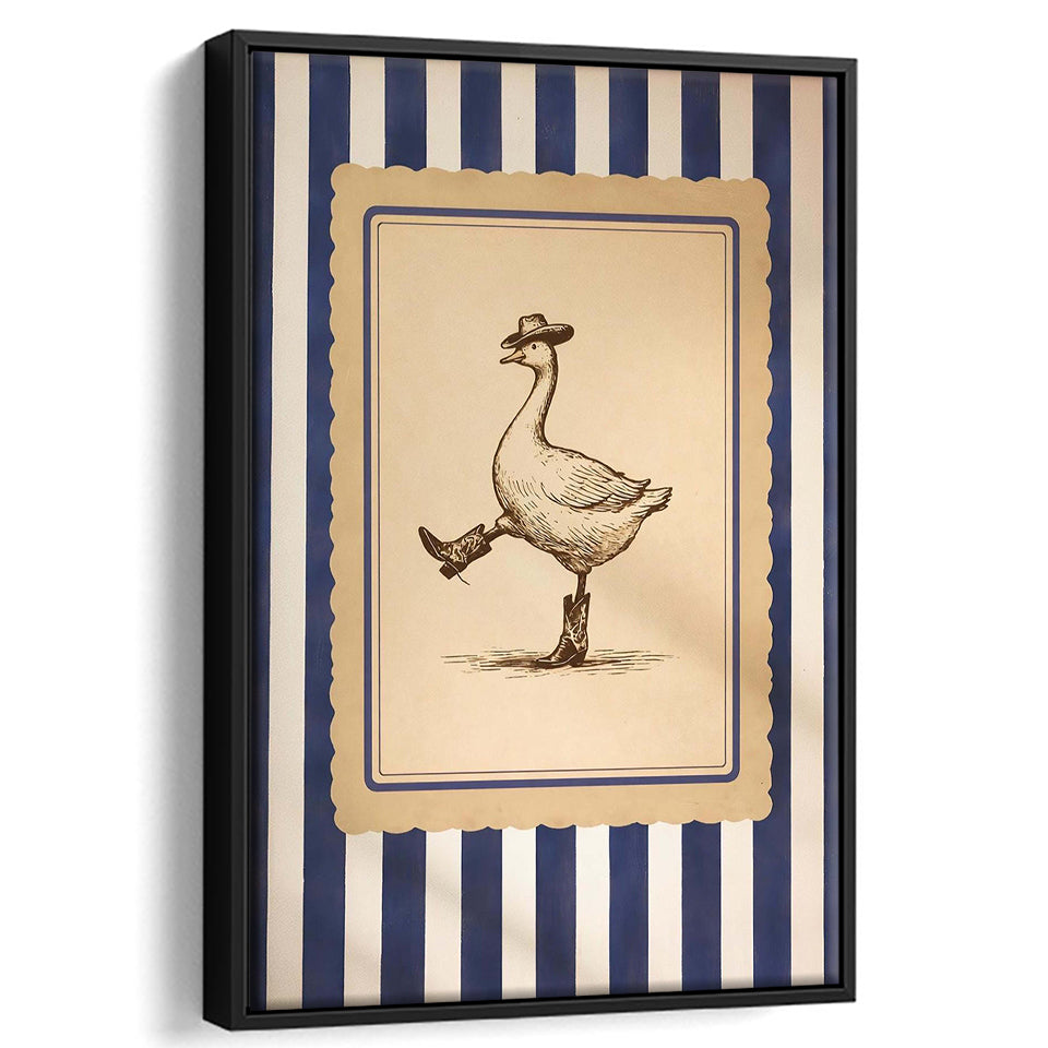 Silly Cowboy Goose Wall Art, Funny Western Dancing Duck, Rustic Vintage Cowboy Artwork, Framed Canvas Print, Floating Frame
