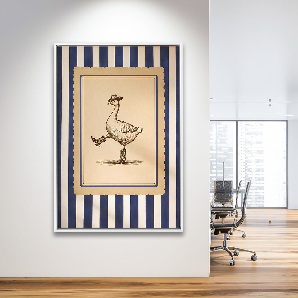Silly Cowboy Goose Wall Art, Funny Western Dancing Duck, Rustic Vintage Cowboy Artwork, Framed Canvas Print, Floating Frame