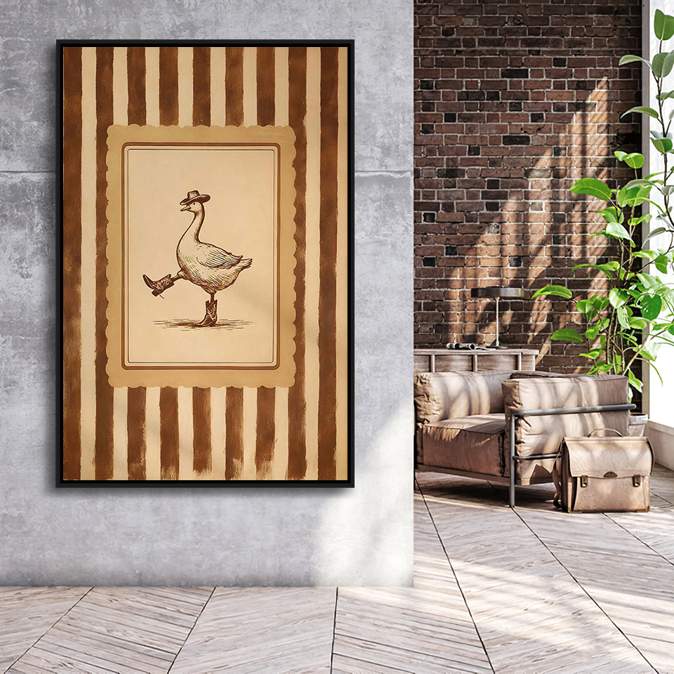 Silly Cowboy Goose Wall Art Print, Western Dancing Duck, Rustic Vintage Cowboy, Framed Canvas Print, Floating Frame
