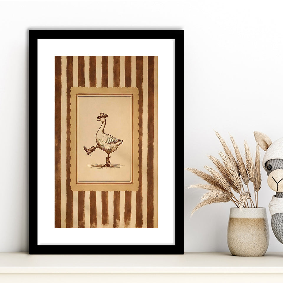 Silly Cowboy Goose Wall Art Print, Western Dancing Duck, Rustic Vintage Cowboy, Framed Art Print White Border