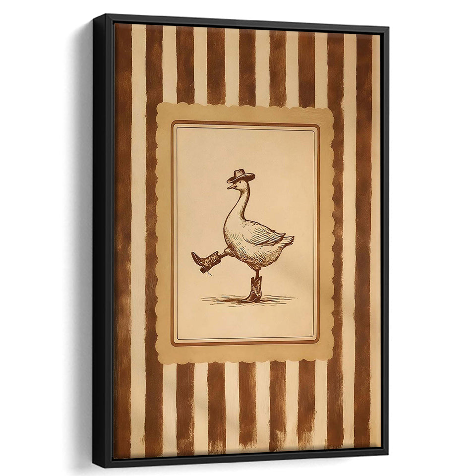 Silly Cowboy Goose Wall Art Print, Western Dancing Duck, Rustic Vintage Cowboy, Framed Canvas Print, Floating Frame