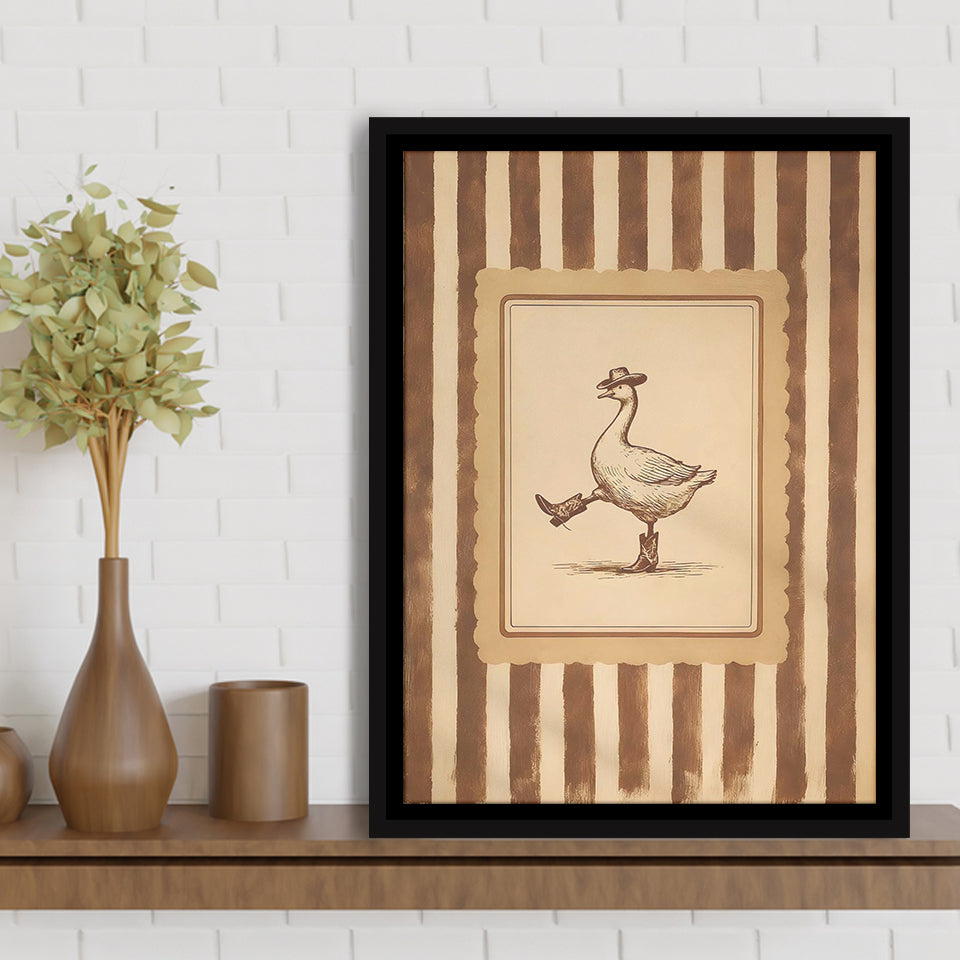 Silly Cowboy Goose Wall Art Print, Western Dancing Duck, Rustic Vintage Cowboy, Framed Canvas Print, Floating Frame