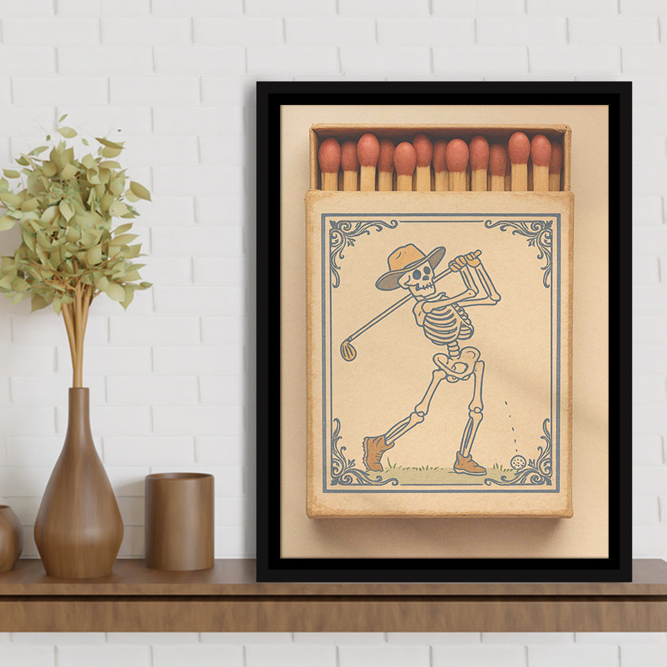 Skeleton Golfer Matchbook, Vintage Western Golf Wall Art, Retro Cowboy Print, Golf Gift, Framed Canvas Print, Floating Frame
