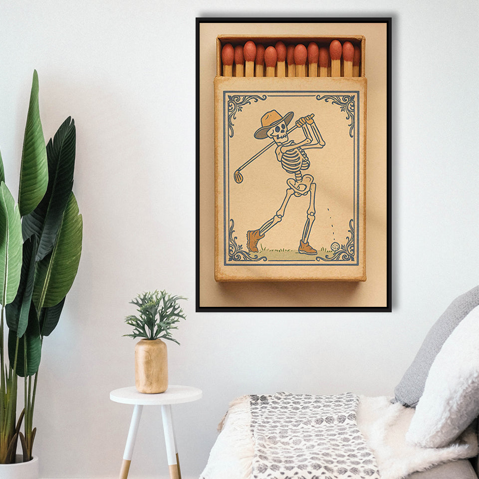 Skeleton Golfer Matchbook, Vintage Western Golf Wall Art, Retro Cowboy Print, Golf Gift, Framed Canvas Print, Floating Frame