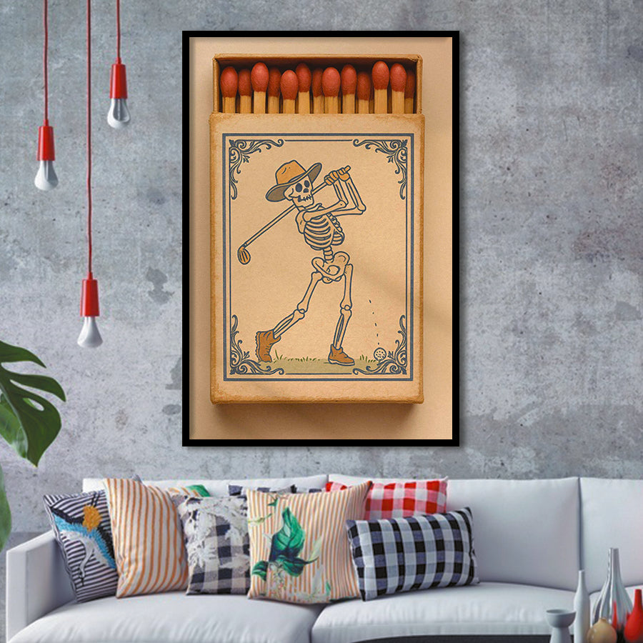 Skeleton Golfer Matchbook, Vintage Western Golf Wall Art, Retro Cowboy, Cool Golf Gift, Framed Art Print, Fine Art Wall Decor