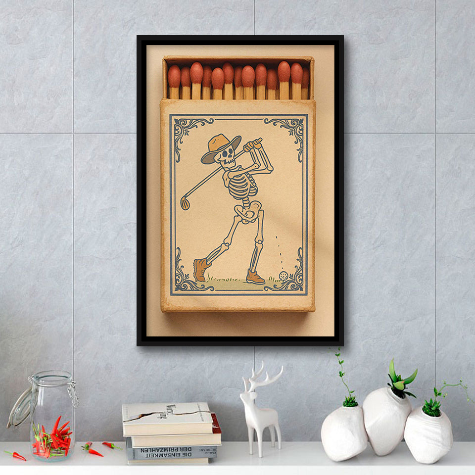 Skeleton Golfer Matchbook, Vintage Western Golf Wall Art, Retro Cowboy Print, Golf Gift, Framed Canvas Print, Floating Frame