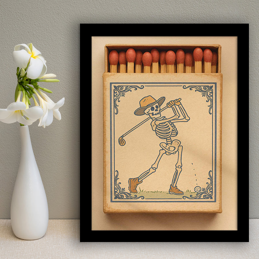 Skeleton Golfer Matchbook, Vintage Western Golf Wall Art, Retro Cowboy, Cool Golf Gift, Framed Art Print, Fine Art Wall Decor