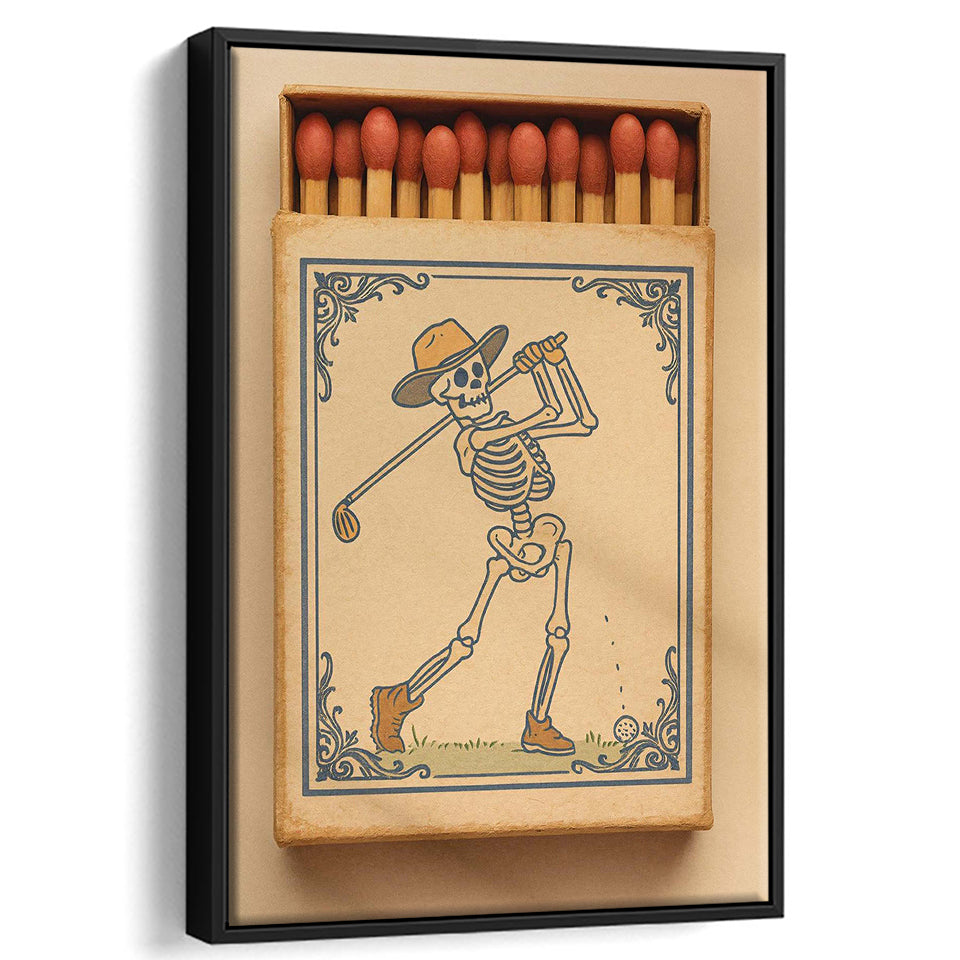 Skeleton Golfer Matchbook, Vintage Western Golf Wall Art, Retro Cowboy Print, Golf Gift, Framed Canvas Print, Floating Frame