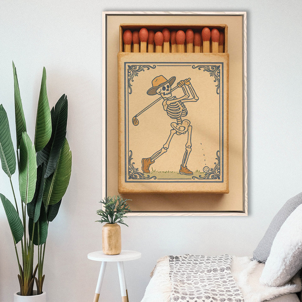 Skeleton Golfer Matchbook, Vintage Western Golf Wall Art, Retro Cowboy Print, Golf Gift, Framed Canvas Print, Floating Frame