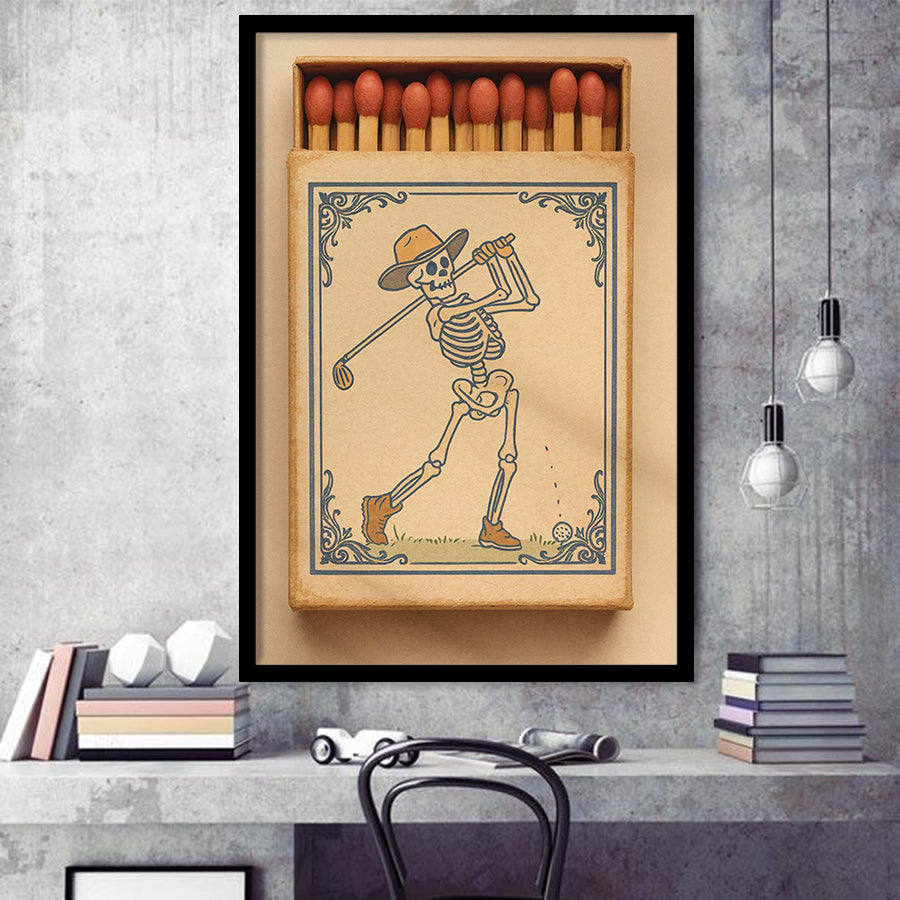 Skeleton Golfer Matchbook, Vintage Western Golf Wall Art, Retro Cowboy, Cool Golf Gift, Framed Art Print, Fine Art Wall Decor