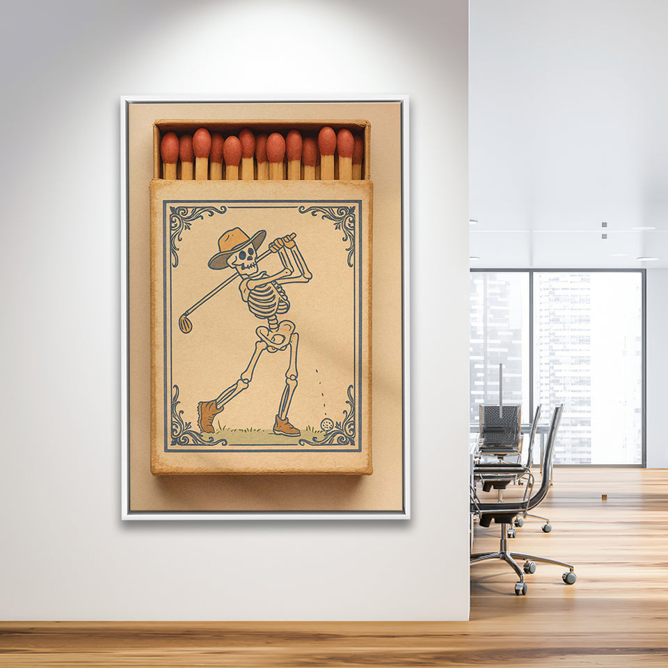 Skeleton Golfer Matchbook, Vintage Western Golf Wall Art, Retro Cowboy Print, Golf Gift, Framed Canvas Print, Floating Frame