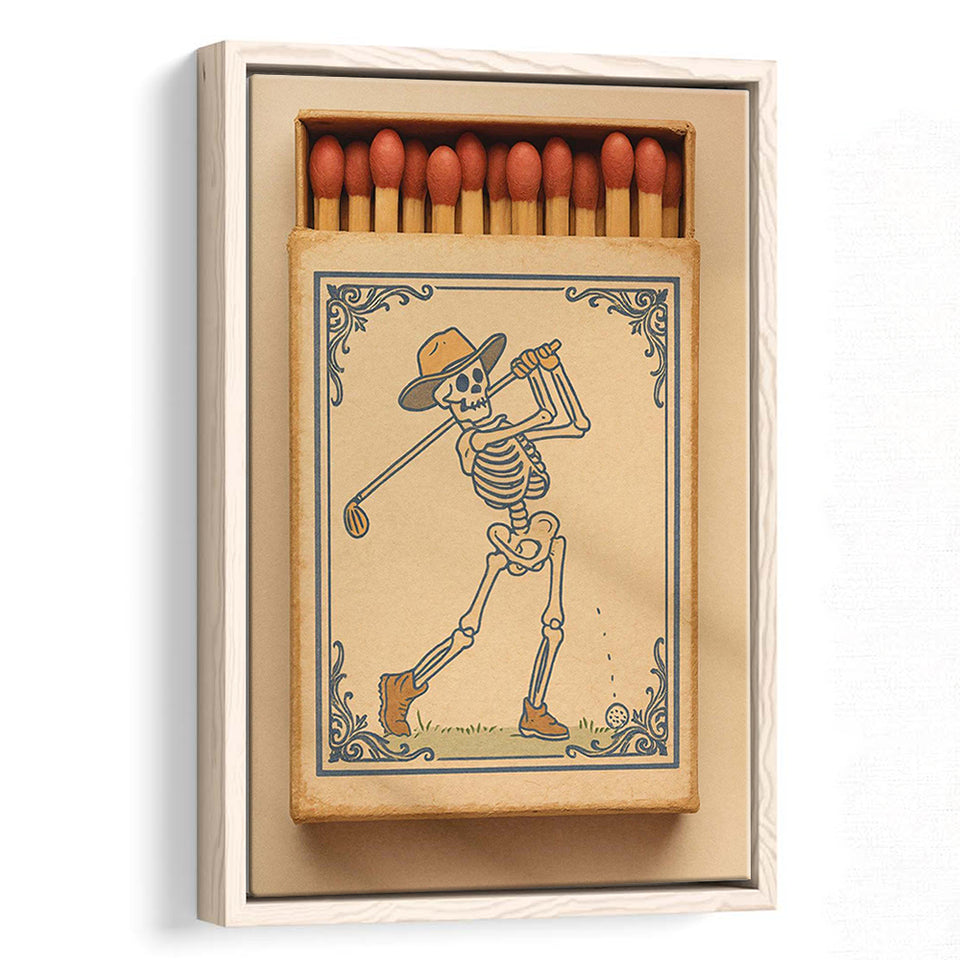 Skeleton Golfer Matchbook, Vintage Western Golf Wall Art, Retro Cowboy Print, Golf Gift, Framed Canvas Print, Floating Frame