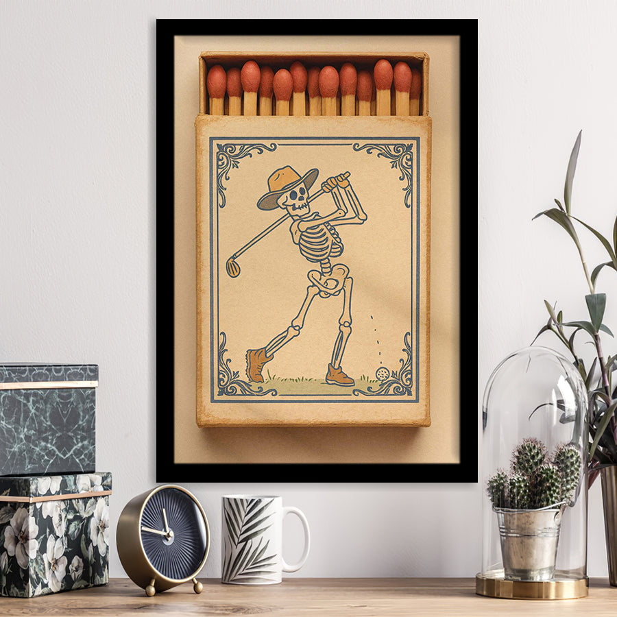 Skeleton Golfer Matchbook, Vintage Western Golf Wall Art, Retro Cowboy, Cool Golf Gift, Framed Art Print, Fine Art Wall Decor
