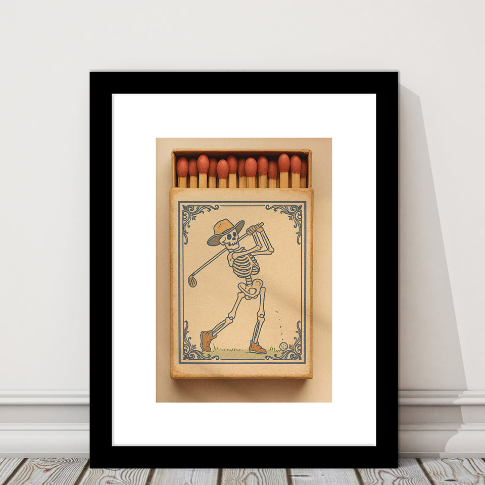 Skeleton Golfer Matchbook, Vintage Western Golf Wall Art, Retro Cowboy Print, Cool Golf Gift, Framed Art Print White Border