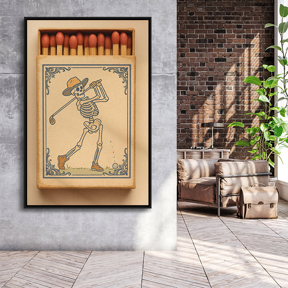 Skeleton Golfer Matchbook, Vintage Western Golf Wall Art, Retro Cowboy Print, Golf Gift, Framed Canvas Print, Floating Frame