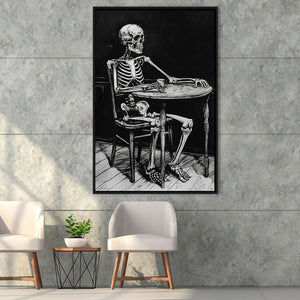 Skeleton Relax Black and White Art, Framed Canvas Prints Wall Art Decor, Floarting Frame Painting Canvas Art