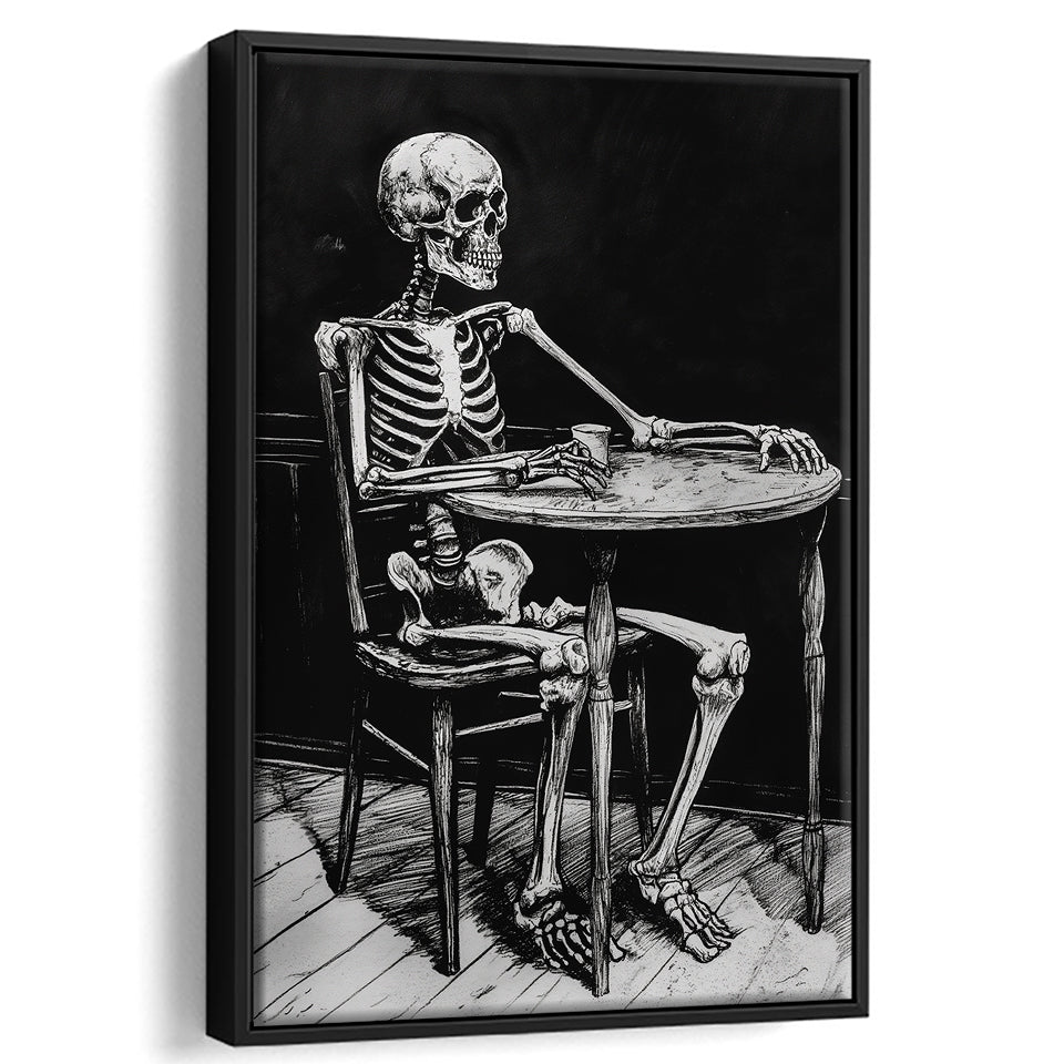 Skeleton Relax Black and White Art, Framed Canvas Prints Wall Art Decor, Floarting Frame Painting Canvas Art