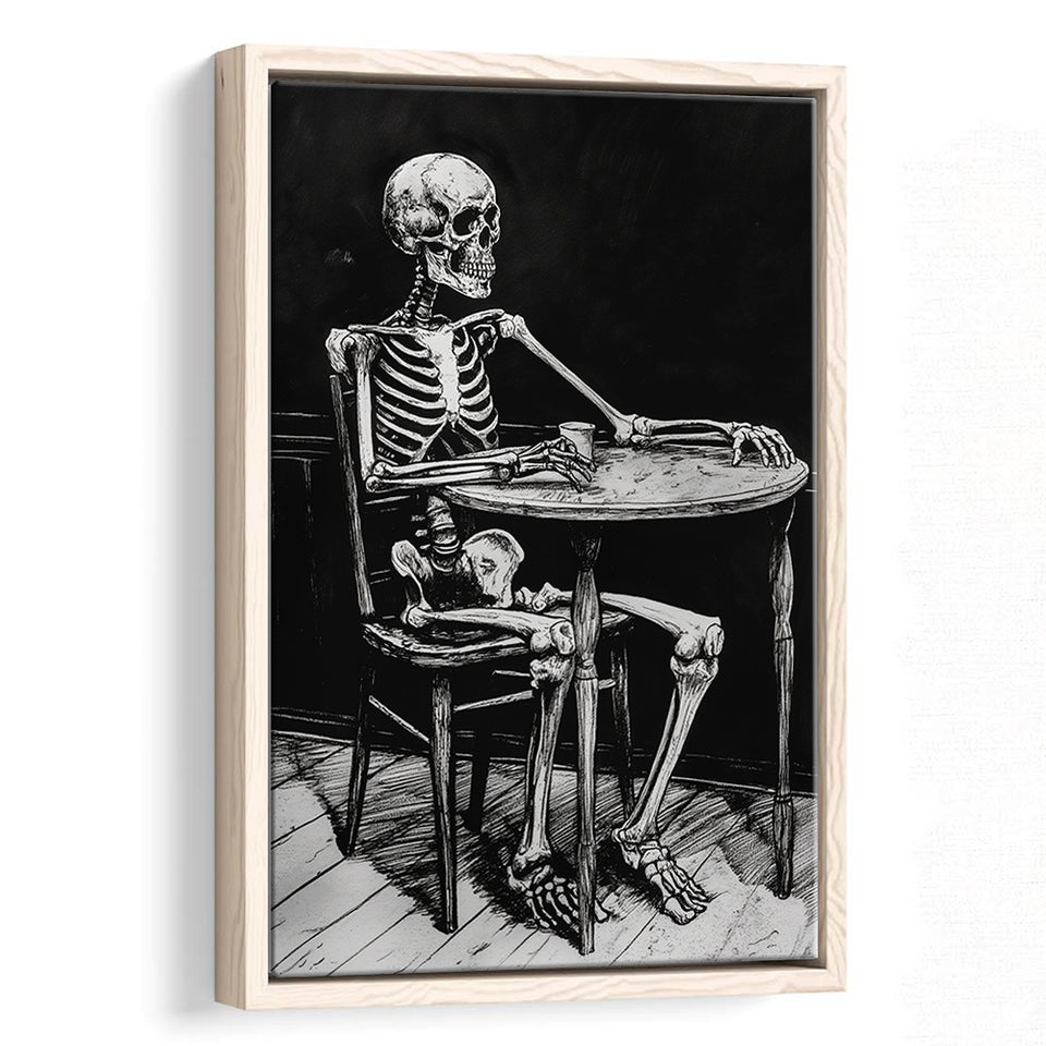 Skeleton Relax Black and White Art, Framed Canvas Prints Wall Art Decor, Floarting Frame Painting Canvas Art