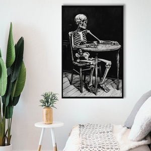 Skeleton Relax Black and White Art, Framed Canvas Prints Wall Art Decor, Floarting Frame Painting Canvas Art