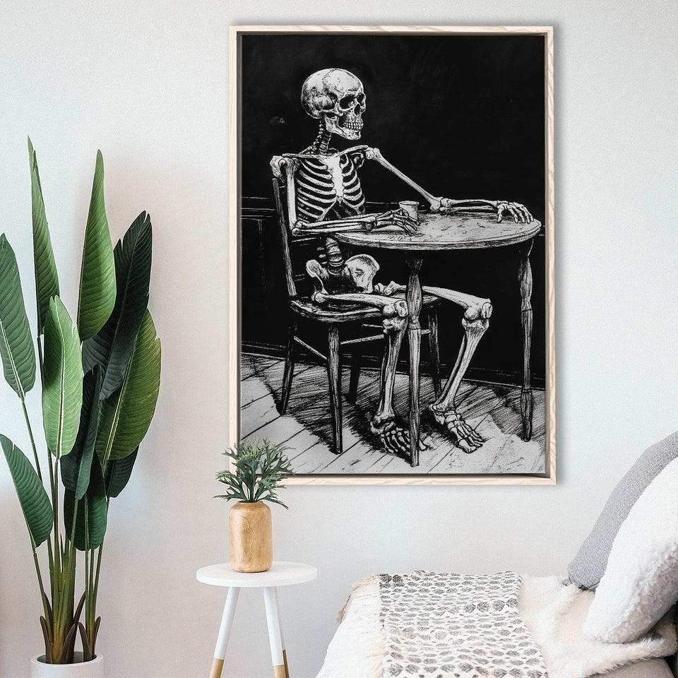 Skeleton Relax Black and White Art, Framed Canvas Prints Wall Art Decor, Floarting Frame Painting Canvas Art