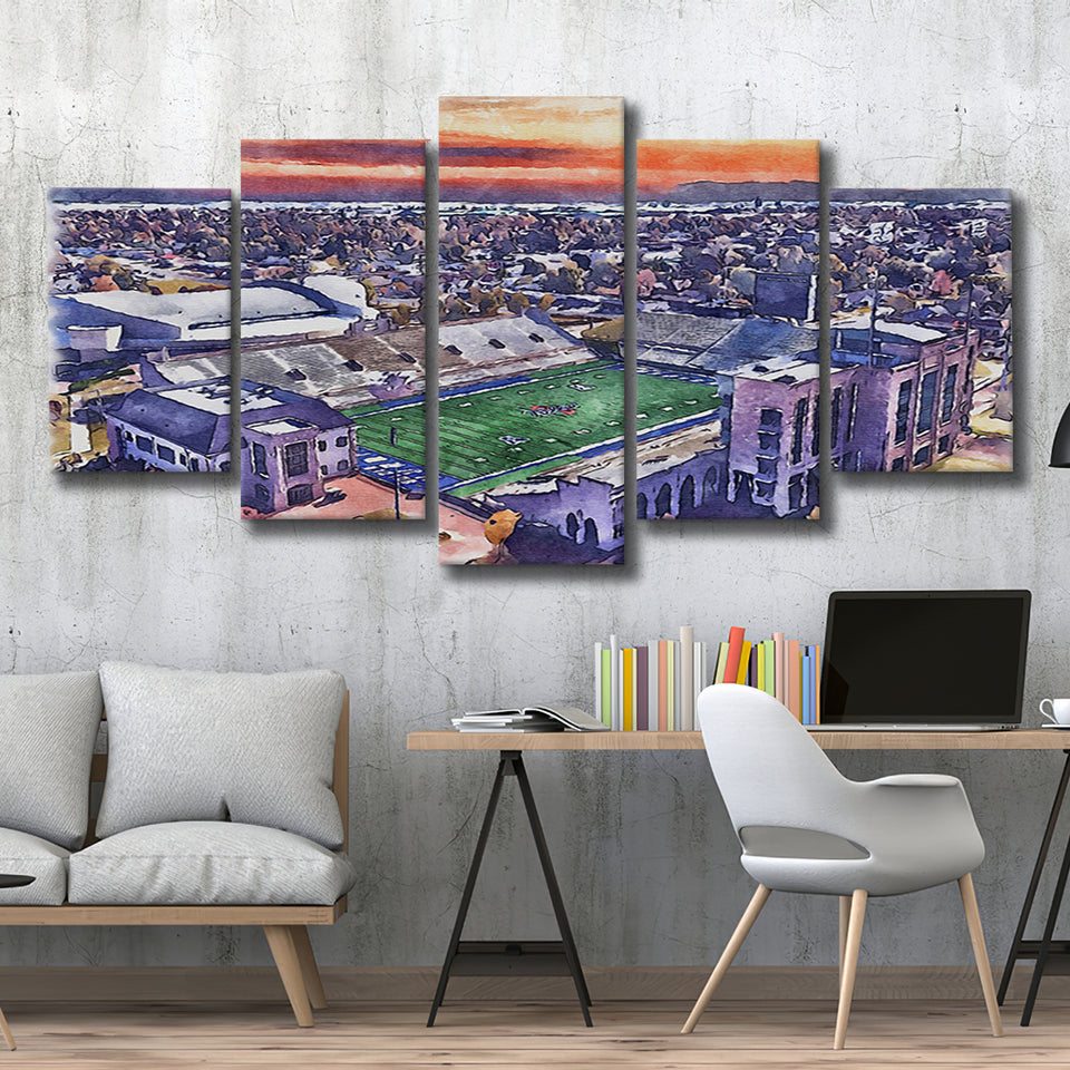 Skelly Field, H. A. Chapman Stadium WaterColor 5 Panels Mix Canvas Prints, Tulsa Oklahoma Watercolor, Large Stadium Canvas