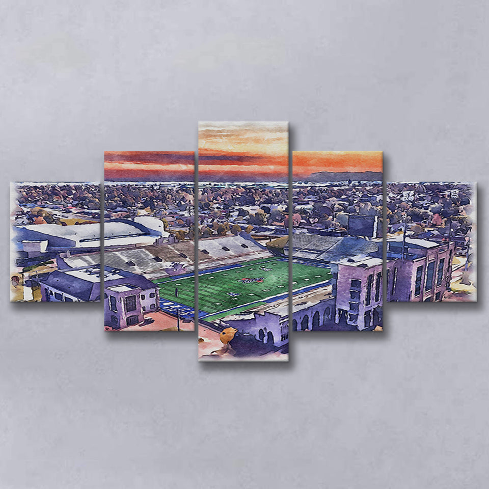 Skelly Field, H. A. Chapman Stadium WaterColor 5 Panels Mix Canvas Prints, Tulsa Oklahoma Watercolor, Large Stadium Canvas