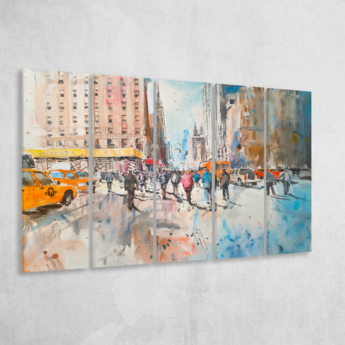 Sketch Peoples Walking on The Street New York Painting, Mixed 5 Panel B Canvas Print Wall Art Decor, Extra Large Canvas