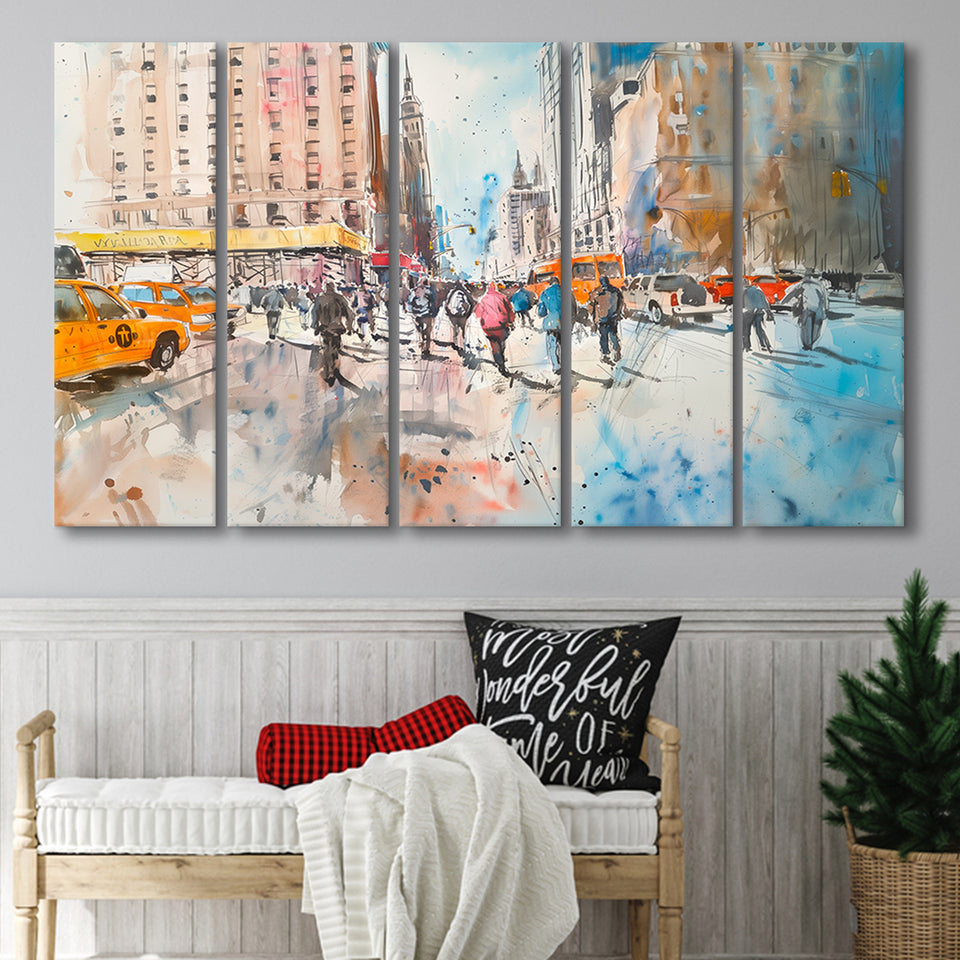 Sketch Peoples Walking on The Street New York Painting, Mixed 5 Panel B Canvas Print Wall Art Decor, Extra Large Canvas