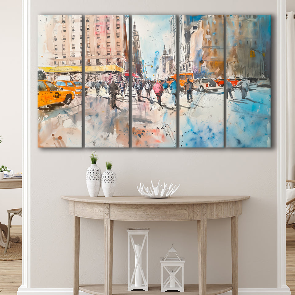 Sketch Peoples Walking on The Street New York Painting, Mixed 5 Panel B Canvas Print Wall Art Decor, Extra Large Canvas