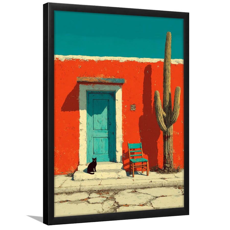 Southwestern Desert Wall Art, Cactus Print, Desert Scene, Black Cat Painting, Framed Art Print, Fine Art Wall Decor