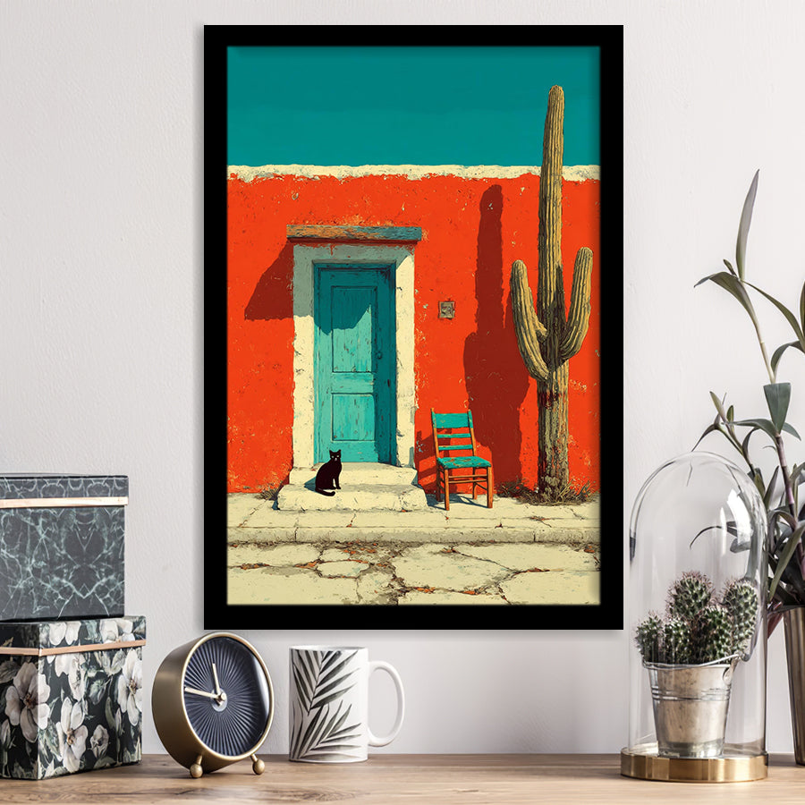 Southwestern Desert Wall Art, Cactus Print, Desert Scene, Black Cat Painting, Framed Art Print, Fine Art Wall Decor