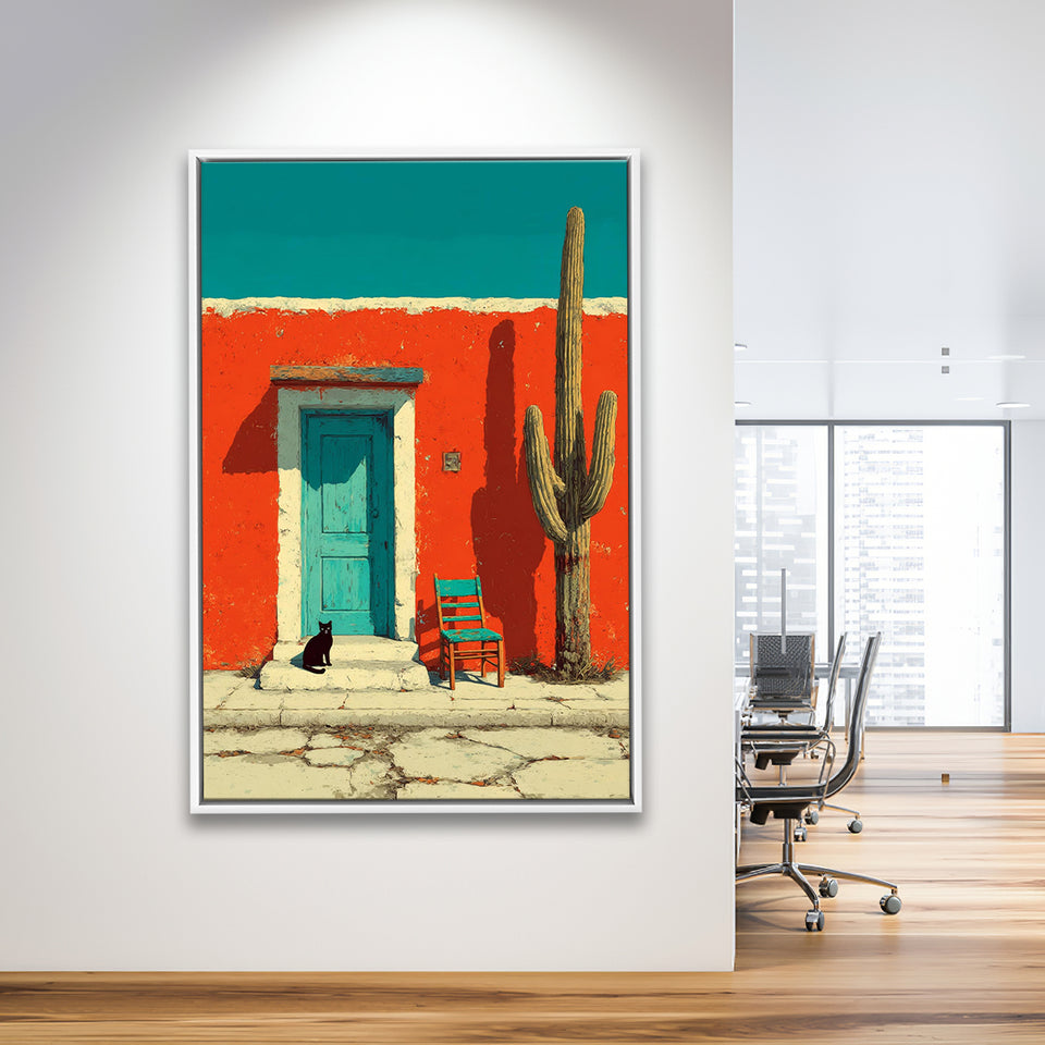 Southwestern Desert Wall Art, Cactus Print, Desert Scene, Black Cat Painting, Framed Canvas Print, Floating Frame