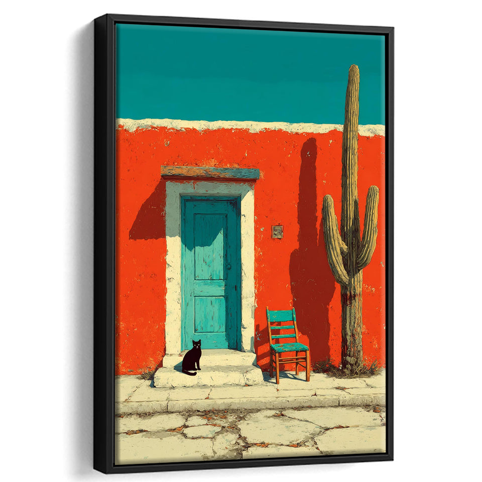 Southwestern Desert Wall Art, Cactus Print, Desert Scene, Black Cat Painting, Framed Canvas Print, Floating Frame