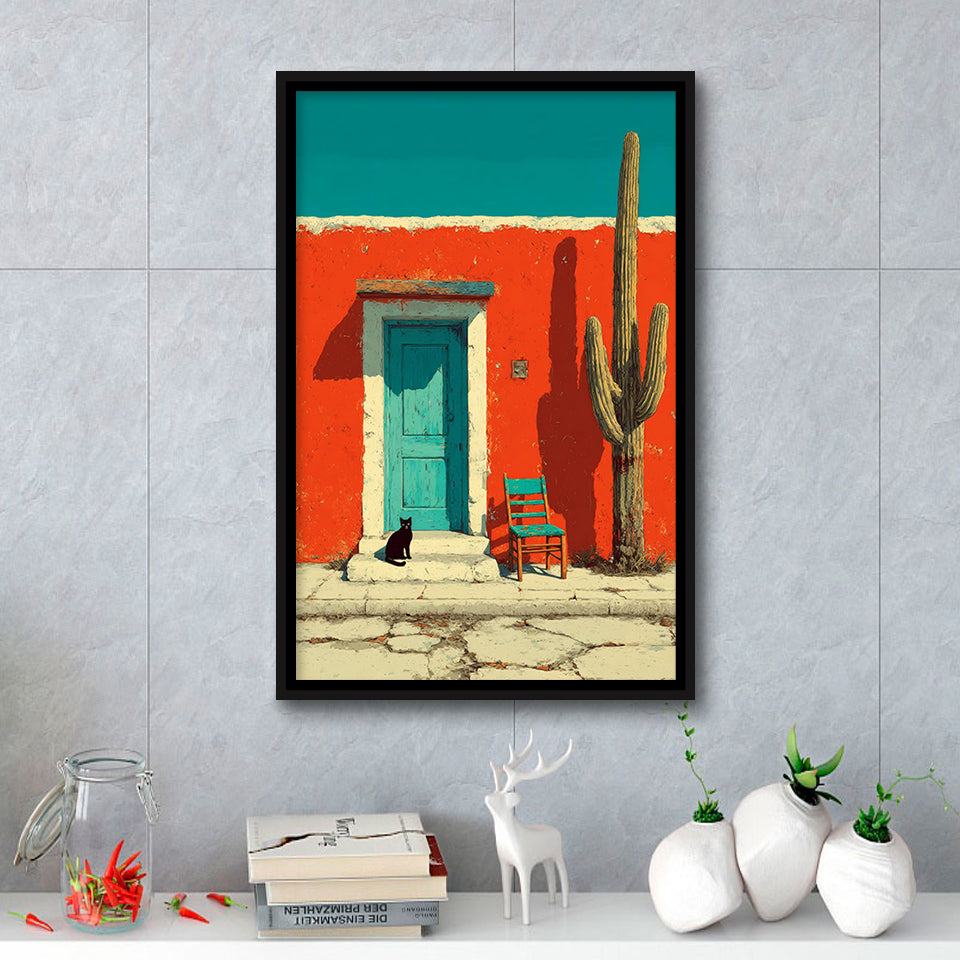 Southwestern Desert Wall Art, Cactus Print, Desert Scene, Black Cat Painting, Framed Canvas Print, Floating Frame