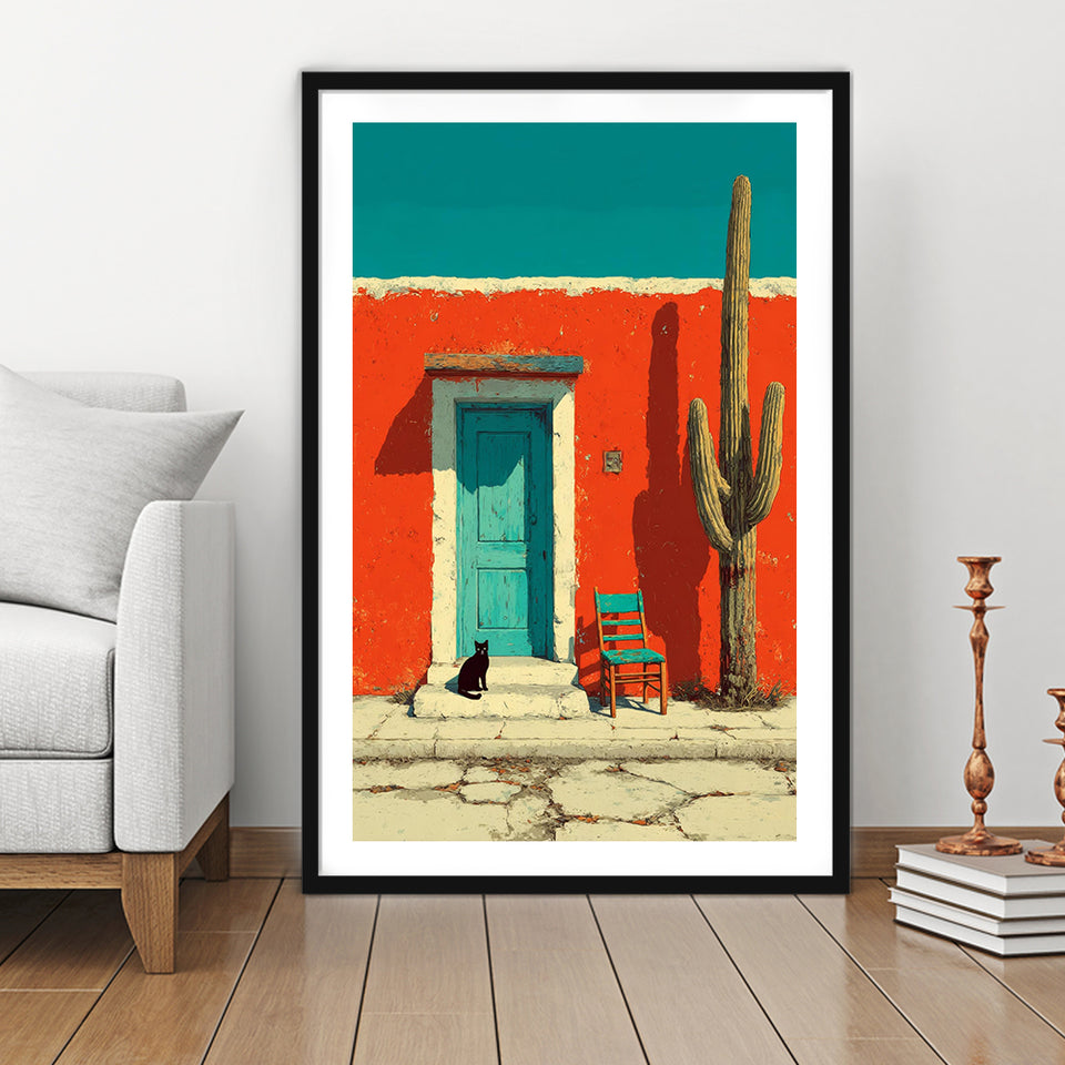 Southwestern Desert Wall Art, Cactus Print, Desert Scene, Black Cat Painting, Framed Art Print White Border