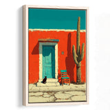 Southwestern Desert Wall Art, Cactus Print, Desert Scene, Black Cat Painting, Framed Canvas Print, Floating Frame