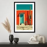 Southwestern Desert Wall Art, Cactus Print, Desert Scene, Black Cat Painting, Framed Art Print White Border