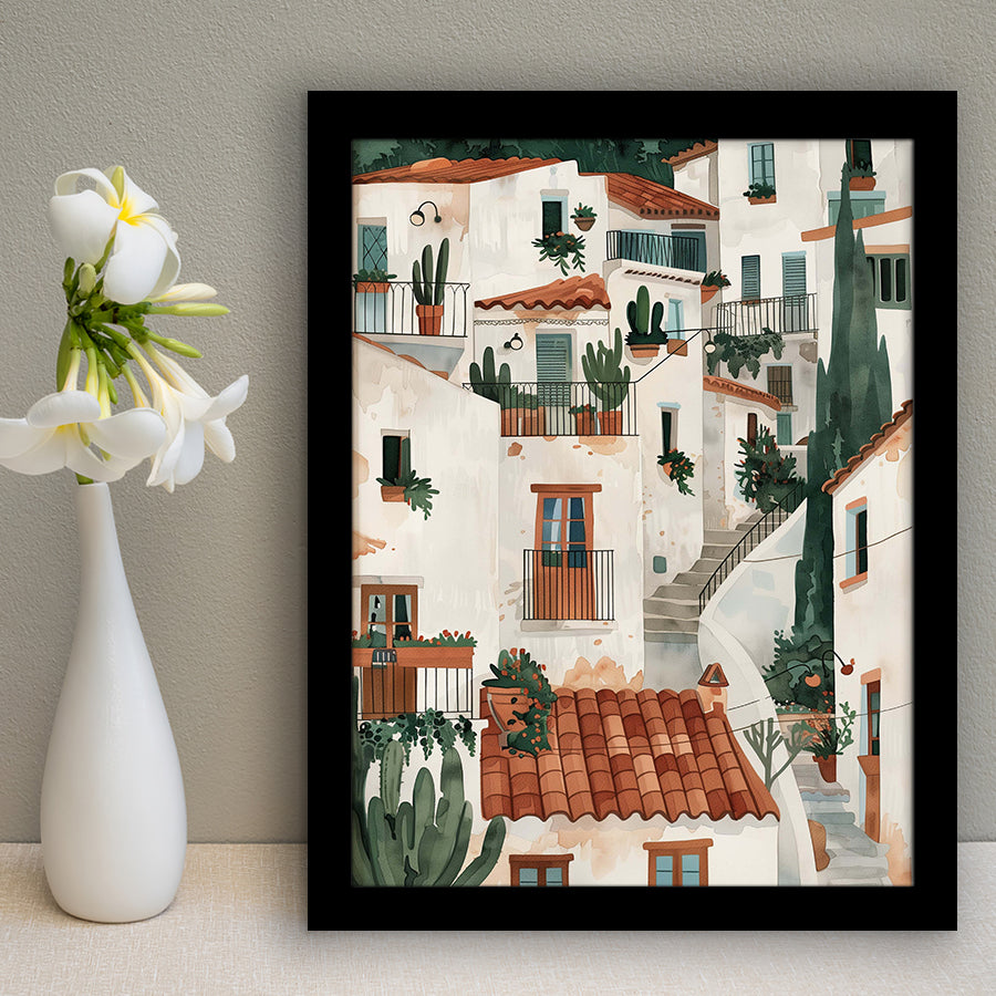 Spanish Village Art, Village Idyll Mediterranean Architecture Print, Rustic Home Decor, Framed Art Print, Fine Art Wall Decor