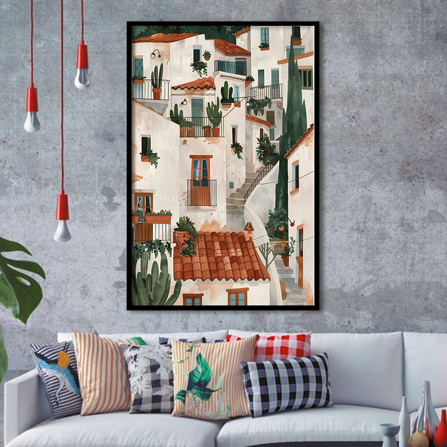 Spanish Village Art, Village Idyll Mediterranean Architecture Print, Rustic Home Decor, Framed Art Print, Fine Art Wall Decor