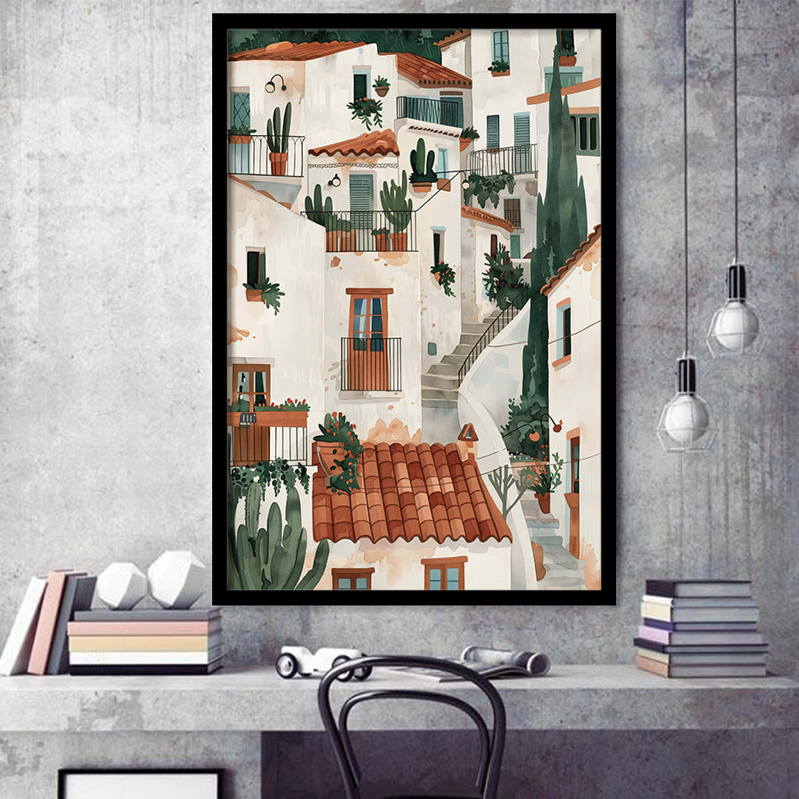 Spanish Village Art, Village Idyll Mediterranean Architecture Print, Rustic Home Decor, Framed Art Print, Fine Art Wall Decor