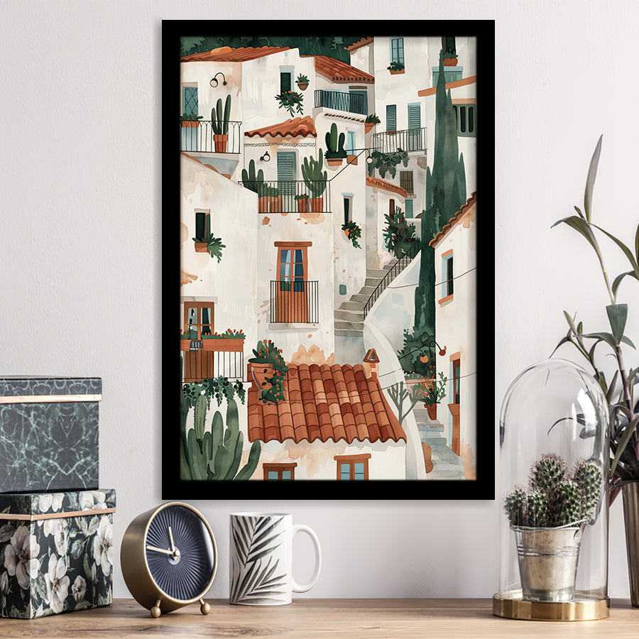 Spanish Village Art, Village Idyll Mediterranean Architecture Print, Rustic Home Decor, Framed Art Print, Fine Art Wall Decor