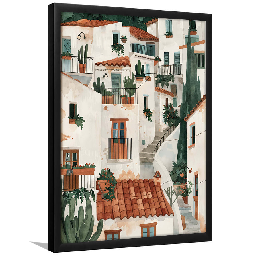 Spanish Village Art, Village Idyll Mediterranean Architecture Print, Rustic Home Decor, Framed Art Print, Fine Art Wall Decor