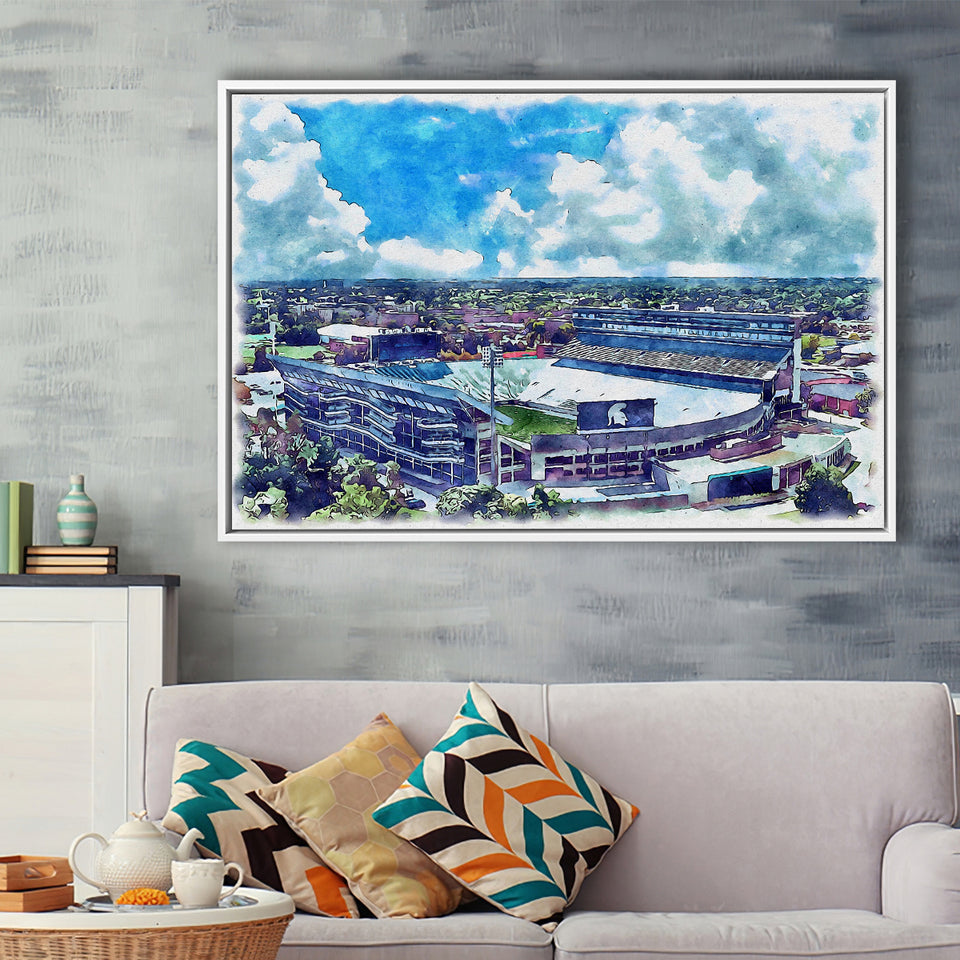 Spartan Stadium WaterColor Framed Canvas Prints, East Lansing Michigan Watercolor, Stadium Art Gifts, Floating Frame
