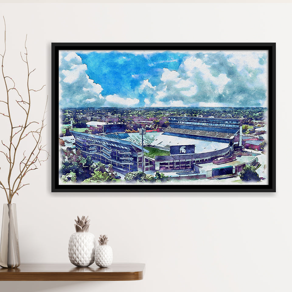 Spartan Stadium WaterColor Framed Canvas Prints, East Lansing Michigan Watercolor, Stadium Art Gifts, Floating Frame