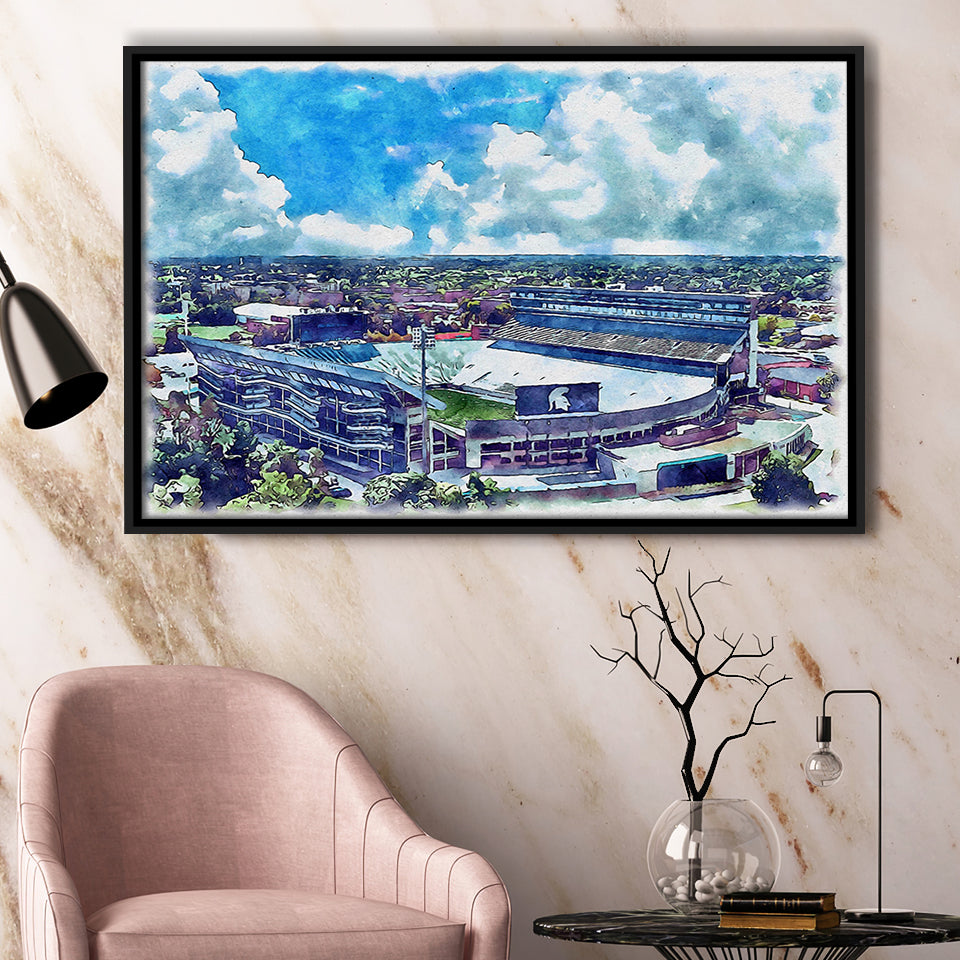 Spartan Stadium WaterColor Framed Canvas Prints, East Lansing Michigan Watercolor, Stadium Art Gifts, Floating Frame
