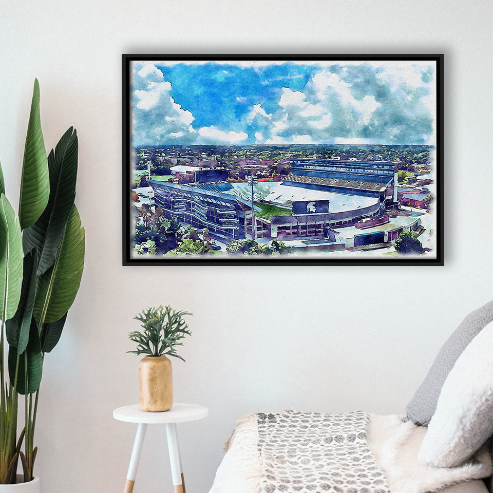 Spartan Stadium WaterColor Framed Canvas Prints, East Lansing Michigan Watercolor, Stadium Art Gifts, Floating Frame