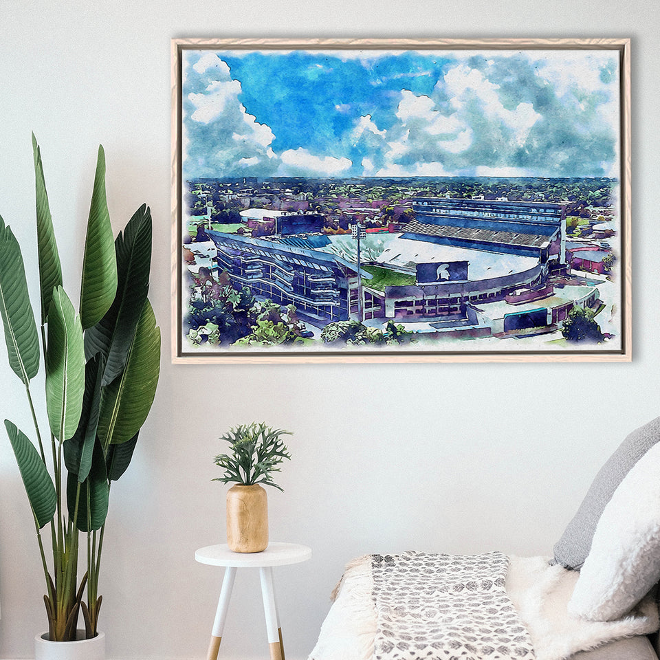Spartan Stadium WaterColor Framed Canvas Prints, East Lansing Michigan Watercolor, Stadium Art Gifts, Floating Frame