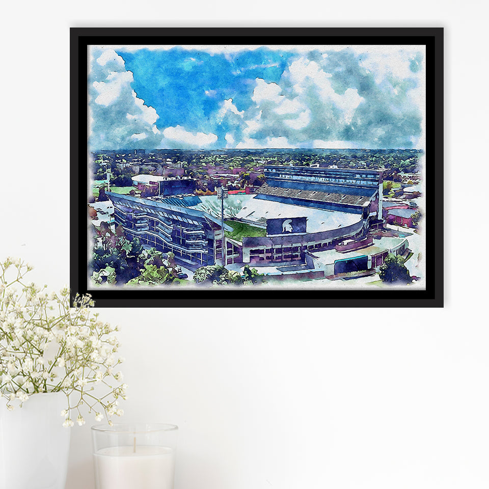 Spartan Stadium WaterColor Framed Canvas Prints, East Lansing Michigan Watercolor, Stadium Art Gifts, Floating Frame