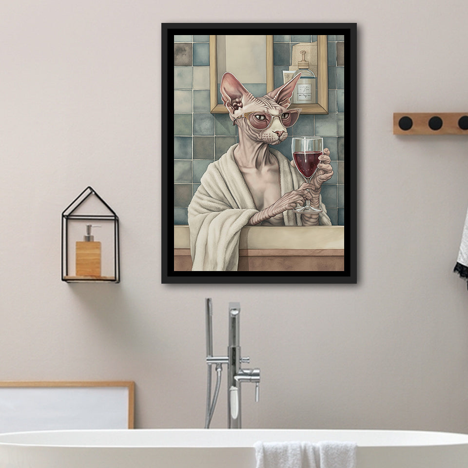 Sphynx Cat Holding The Cup Of Red Wine In Bathroom Decor V1 Framed Canvas Prints Wall Art, Bathroom Framed Art Decor
