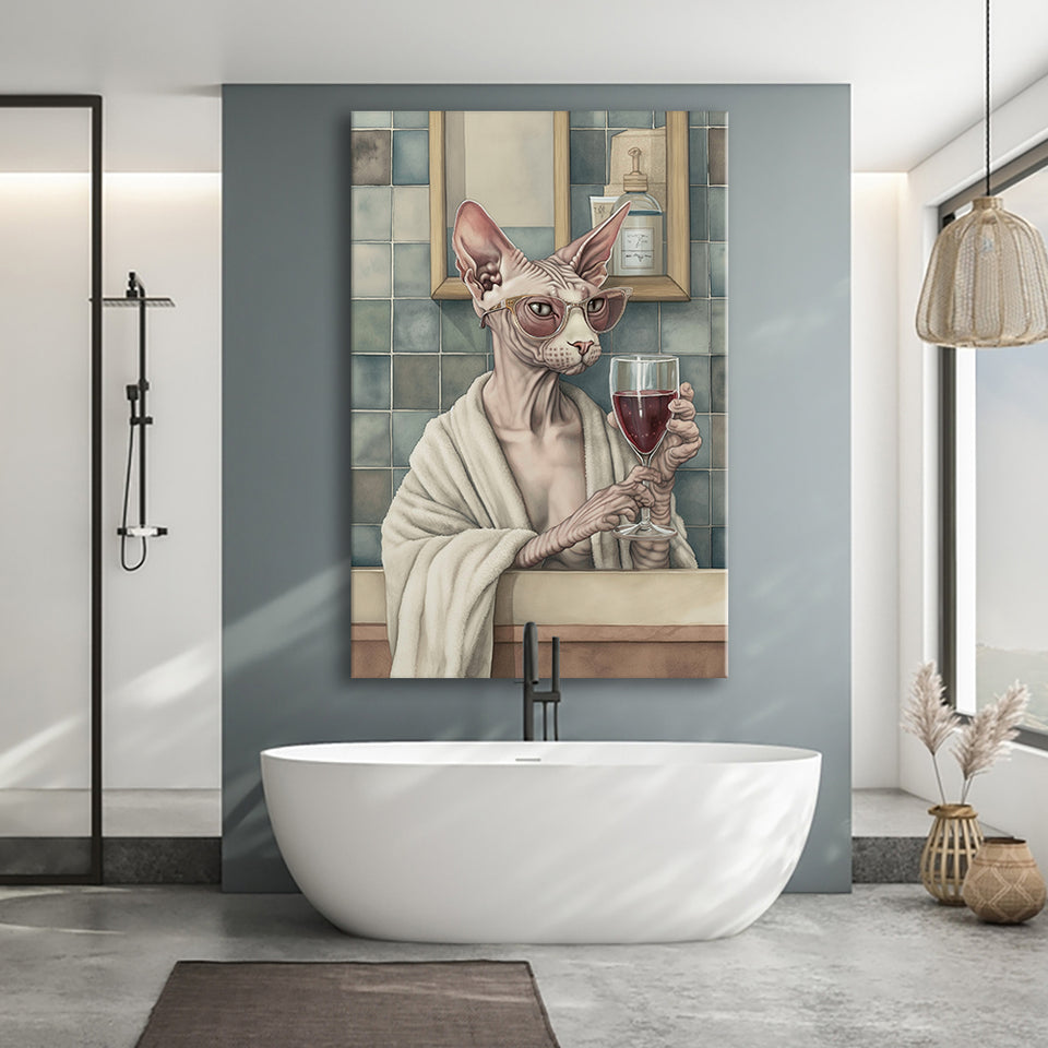 Sphynx Cat Holding The Cup Of Red Wine In Bathroom Decor V1 Canvas Prints Wall Art, Bathroom Art Decor,